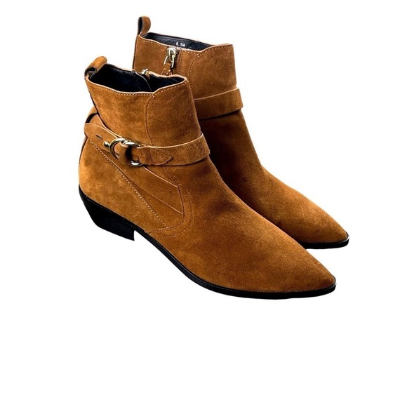 Rebecca Minkoff Shoes - Rebecca Minkoff Suede Ankle Boots Women 8.5M Brown Good Western Buckle Pointed